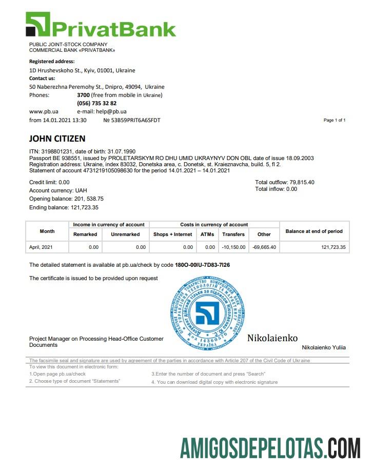 Modelo de extrato bancário do Privatbank da Ucrânia para download em formato Word e PDF